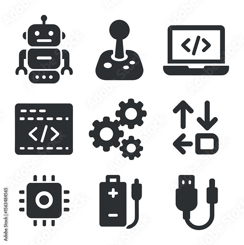 Robotics Icon Collection. Solid, filled icons set of robotics and coding fun: programmable robot, joystick,