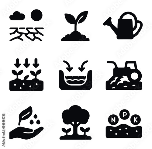 Land Restoration Icons. Solid, filled icons set of combating land degradation: dry landscape, green sprout,