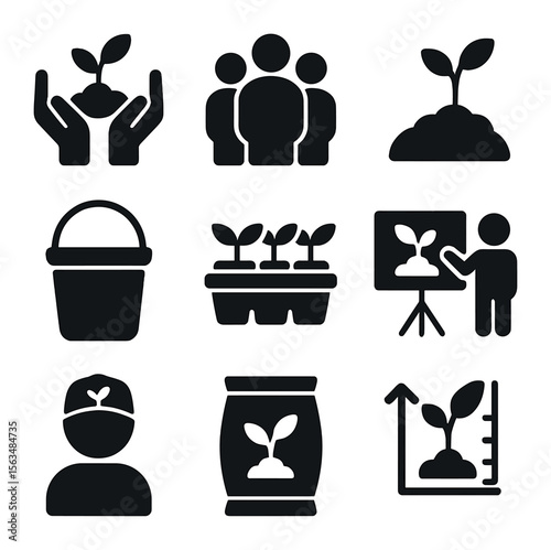 Reforestation Icon Set. Solid, filled icons set of community reforestation efforts: planting hands, community