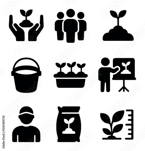 Reforestation Icon Set. Solid, filled icons set of community reforestation efforts: planting hands, community