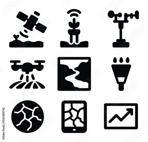 Land Degradation Icons. Solid, filled icons set of monitoring land degradation: satellite scan, soil sensor,