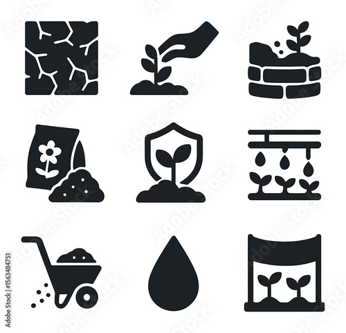 Degraded Land Restoration Icons. Solid, filled icons set of degraded land restoration: dry cracked ground,