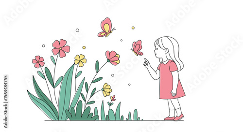 A little girl in a pink dress watches butterflies flutter around colorful flowers in a sunny garden scene