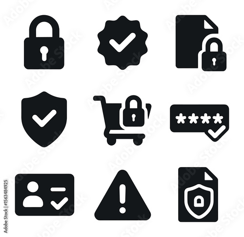 Secure E-commerce Icons. Solid, filled icons set of secure e-commerce transactions: lock icon, verified badge,