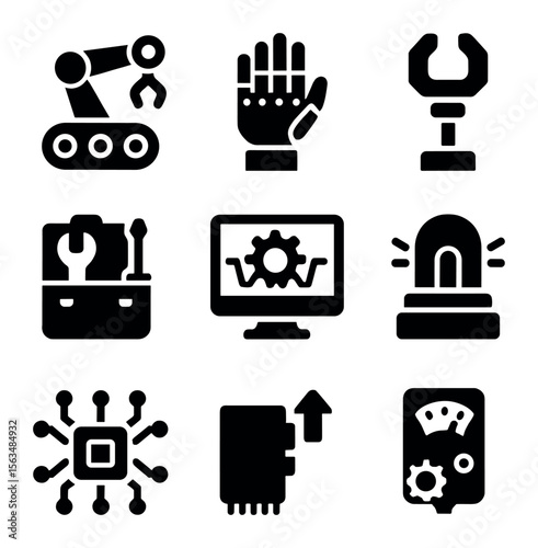 Industrial Robot Icons. Solid, filled icons set of industrial robot technicians: tracked robot, robotic hand,