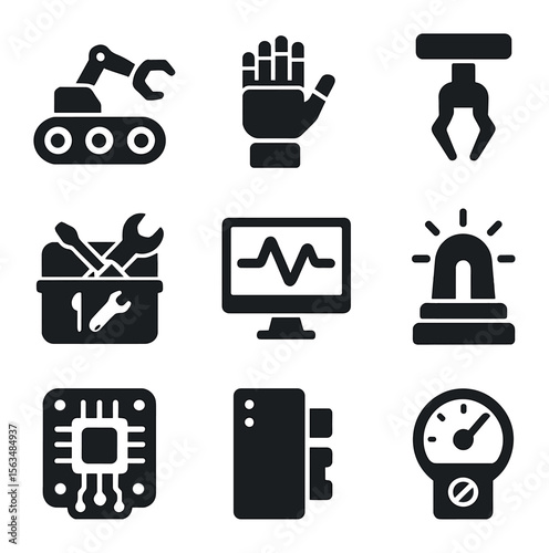 Industrial Robot Icons. Solid, filled icons set of industrial robot technicians: tracked robot, robotic hand,