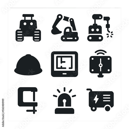 Construction Robot Icons. Solid, filled icons set of construction site robots: heavy-lift robot, excavator arm