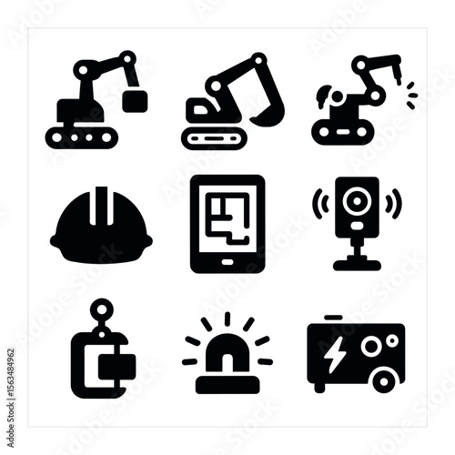 Construction Robot Icons. Solid, filled icons set of construction site robots: heavy-lift robot, excavator arm