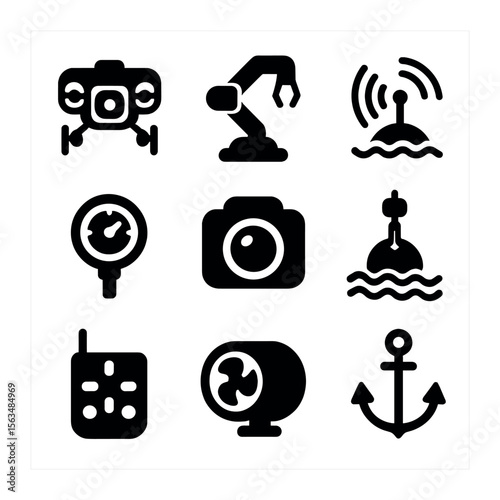Underwater Robot Icons. Solid, filled icons set of underwater maintenance robots: submersible drone,