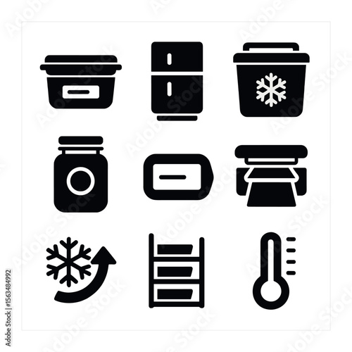 Food Storage Icons. Solid, filled icons set of proper food storage: labeled container, fridge icon, freezer
