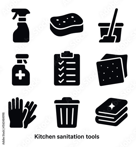 Kitchen Sanitation Icons. Solid, filled icons set of kitchen sanitation tools: cleaning spray, scrub sponge,