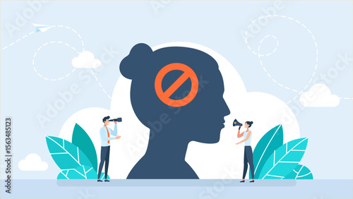 Head with a ban sign. Prohibition sign inside a woman head. Frustration or depression from complex problems, stress or anxiety due to business difficulty. Stressed business woman. Vector illustration