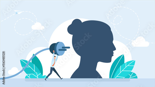 Woman head and man putting power plug into socket. Metaphor for working together to achieve results. Concept of productivity, effectiveness, source of energy for brain charging. Vector illustration