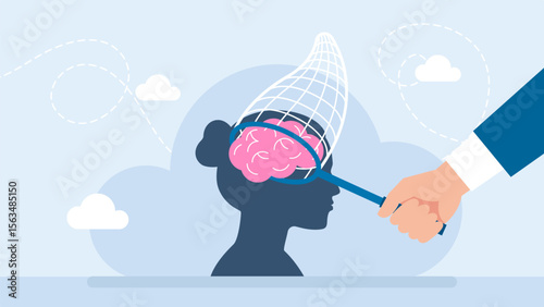 Man with net catching brain of woman. A businessman catches butterfly net a person's brain. Intrusive thoughts. Manipulation of thinking by advertising. Using trap for human views. Vector illustration