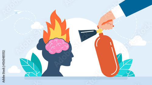 Exhausted young woman with burning brain. Put out head fire. A man with a fire extinguisher extinguishes a fire in a burning brain.  Burnout and emotional problem, mental illness. Vector illustration