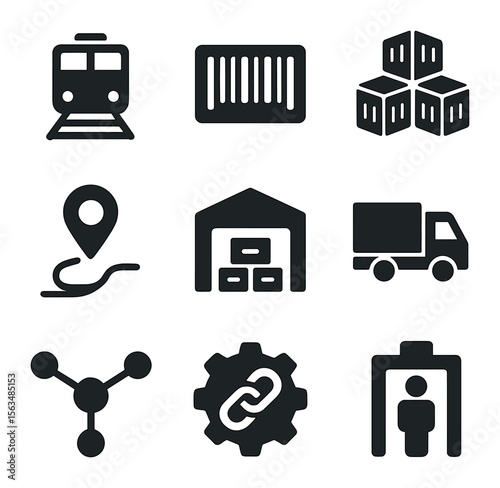 Logistics Icons Grid. Solid, filled icons set of modern logistics corridors: rail freight train, shipping