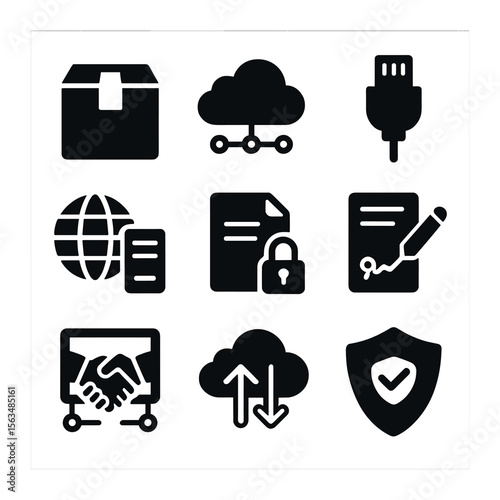 Digital Trade Icons. Solid, filled icons set of digital trade routes: e-commerce package, data cloud, network