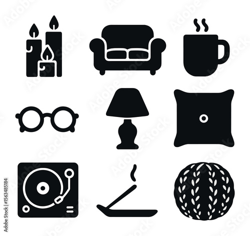 Evening Ritual Icons. Solid, filled icons set of relaxing evening rituals: candle cluster, soft couch, cup of