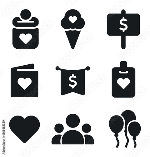 Seasonal Fundraising Icons. Solid, filled icons set of seasonal fundraising treats: donation jar, branded cone