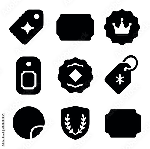 Luxury Pricing Icons. Solid, filled icons set of luxury pricing icons: premium tag, gold foil label, exclusive