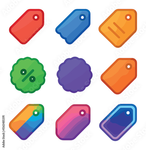 Colorful Price Tags. Solid, filled icons set of colorful price markers: bright red tag, blue sale tag, yellow