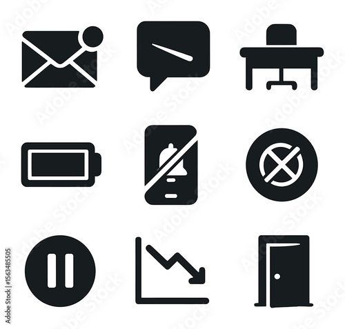 Workplace Disengagement Icons. Solid, filled icons set of workplace disengagement cues: unread email, ignored