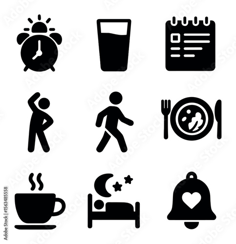 Healthy Routine Icons. Solid, filled icons set of healthy routines: sunrise alarm, water glass, daily planner,