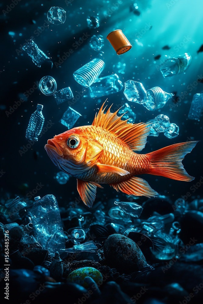 Fototapeta premium Fish Swimming Through Marine Debris in Ocean Environment