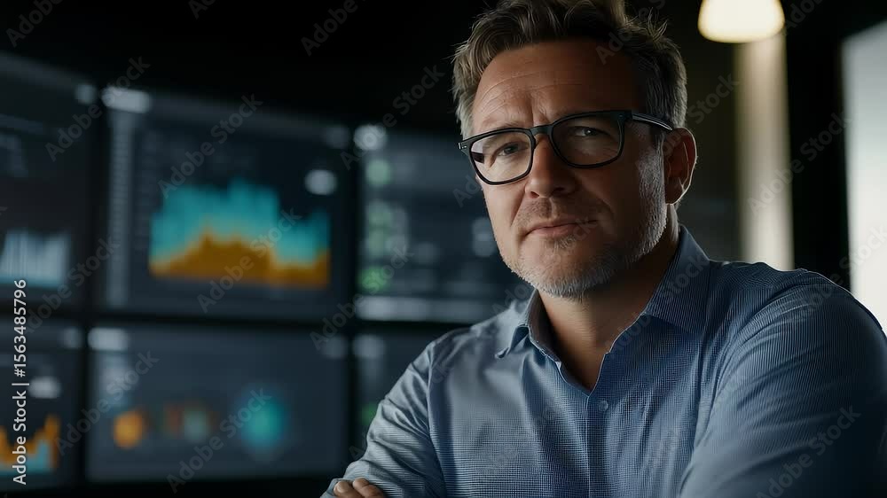 Confident Mature Analyst Smiles at Data Confident Mature Analyst Smiles at Data