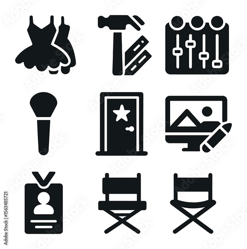 Backstage Dance Icons. Solid, filled icons set of behind-the-scenes dance work: costume sewing machine, prop