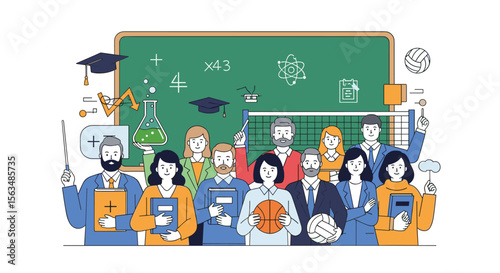 Diverse Group of Dedicated Educators Standing Proudly in Front of a Knowledge-Filled Classroom Chalkboard