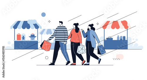 A Diverse Group of Friends Enjoying a Day Out at an Outdoor Market with Unique Stalls and Pleasant Weather Conditions