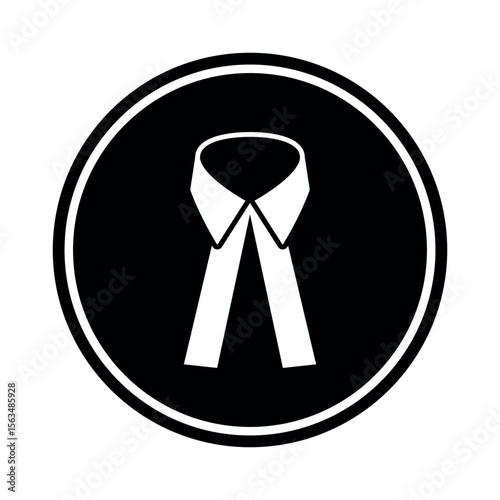 Black and white circular icon of an advocate neckband. Ideal for legal, judicial, lawyer, and law firm related designs, logos, and education content in minimalist flat style.