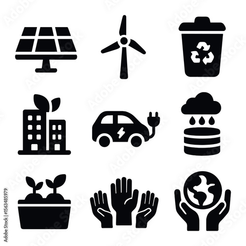 Eco-Friendly Icon Set. Solid, filled icons set of eco-friendly community projects: solar panels, wind turbine,