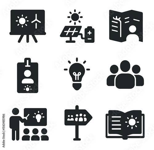 Renewable Energy Icons. Solid, filled icons set of renewable energy education: classroom board, solar demo kit