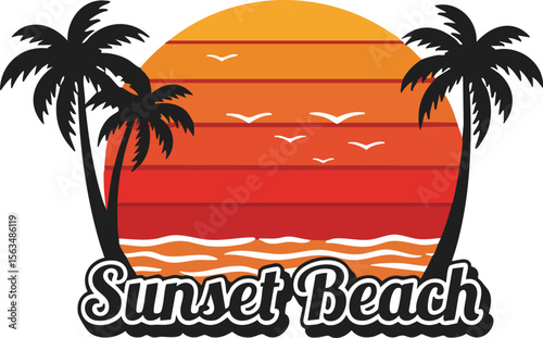 Sunset Beach Tropical Paradise Palm Trees, Ocean Waves, and Vivid Sunset Illustration