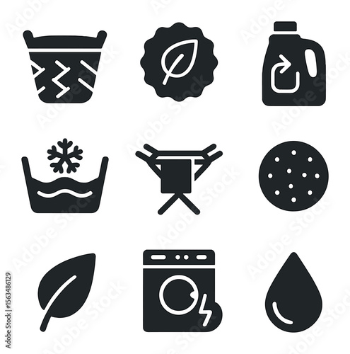 Eco Laundry Icons. Solid, filled icons set of sustainable laundry habits: bamboo basket, eco label, refill