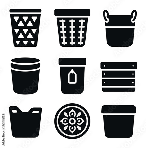 Decorative Laundry Icon Set. Solid, filled icons set of decorative laundry baskets: patterned hamper, wicker