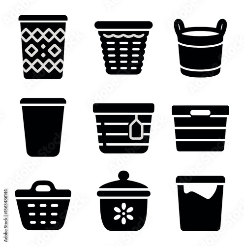 Decorative Laundry Icon Set. Solid, filled icons set of decorative laundry baskets: patterned hamper, wicker