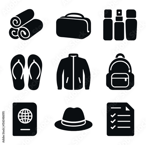 Efficient Travel Essentials. Solid, filled icons set of vacation packing on a budget: rolled clothes, small