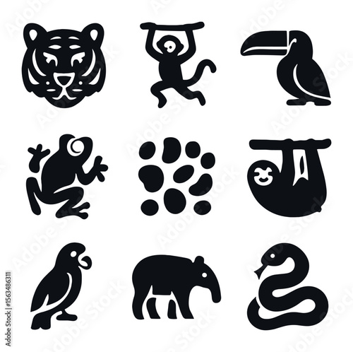 Jungle Icons Grid. Solid, filled icons set of jungle creatures: tiger face, monkey swinging, toucan, tree frog