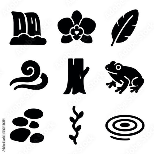 Jungle Waterfall Icons. Solid, filled icons set of jungle waterfall elements: waterfall stream, orchid flower,