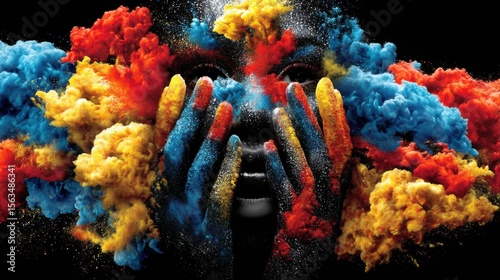 Colorful powder explosion surrounds a person's face and hands creating a vibrant, dynamic scene