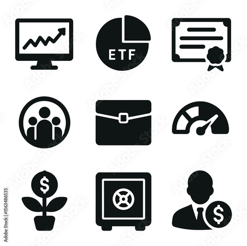 Smart Investing Icons. Solid, filled icons set of smart investing symbols: stock market screen, ETF pie chart,