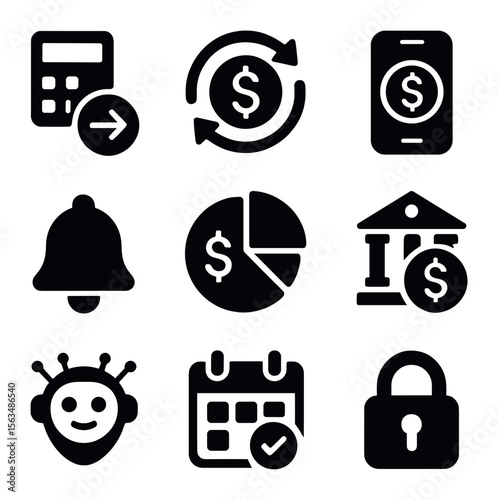 Automated Finance Icons. Solid, filled icons set of automated money management: auto-payment icon, recurring