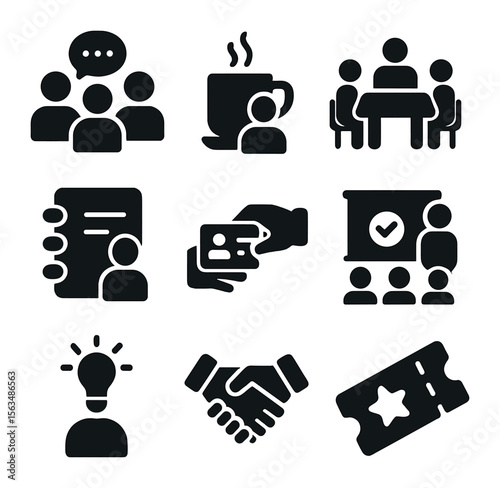 Corporate Networking Icons. Solid, filled icons set of corporate networking activities: group discussion,