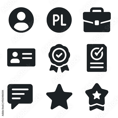 Professional Branding Icons. Solid, filled icons set of professional branding symbols: profile icon, personal
