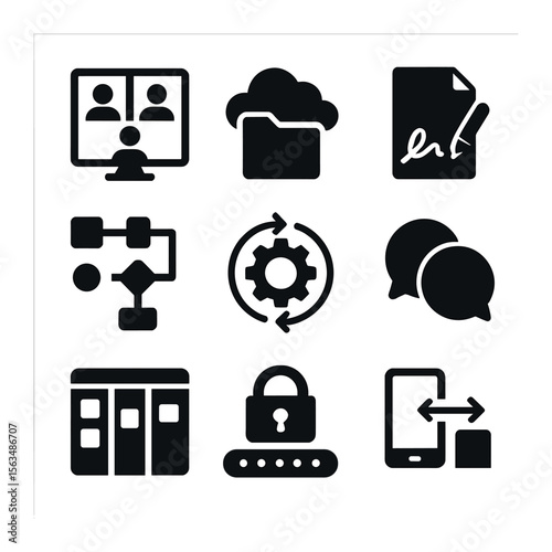 Digital Workplace Icons. Solid, filled icons set of digital workplace solutions: video conference screen,