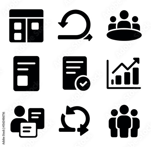 Agile Transformation Icons. Solid, filled icons set of agile transformation icons: agile board, sprint cycle,