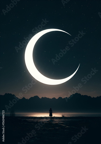 Silhouette of a person standing on a lakeshore at night under a large crescent moon. Solo contemplation by a woman in casual attire against a backdrop of mountains and a still lake.